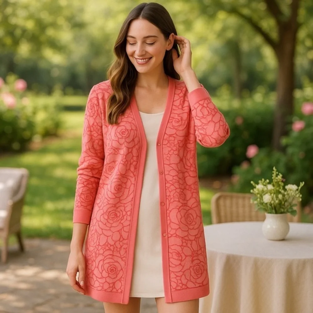 Peach Rose Floral Long Boyfriend Cardigan - Everyday Layer Sweater EUC S #786